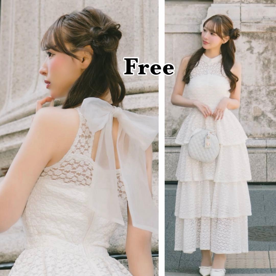 Darich♡バックリボンフラワーレースティアードロングドレス　(Free)