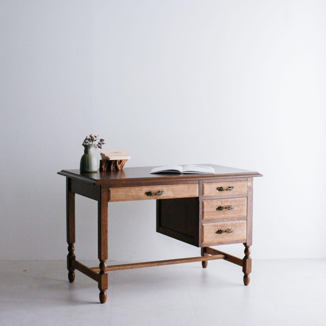 片袖机　アンティーク　デスク　テーブル　無垢材　タモ材　白木　古家具　古道具