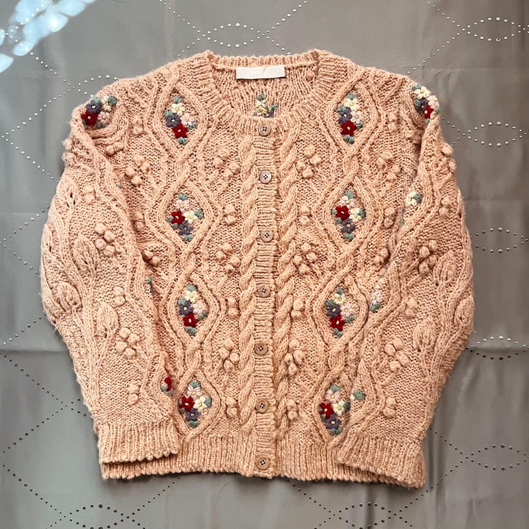 古着 ピンクハウス 花刺繍 ローゲージ手編み アランニット ピンク ヴィンテージ