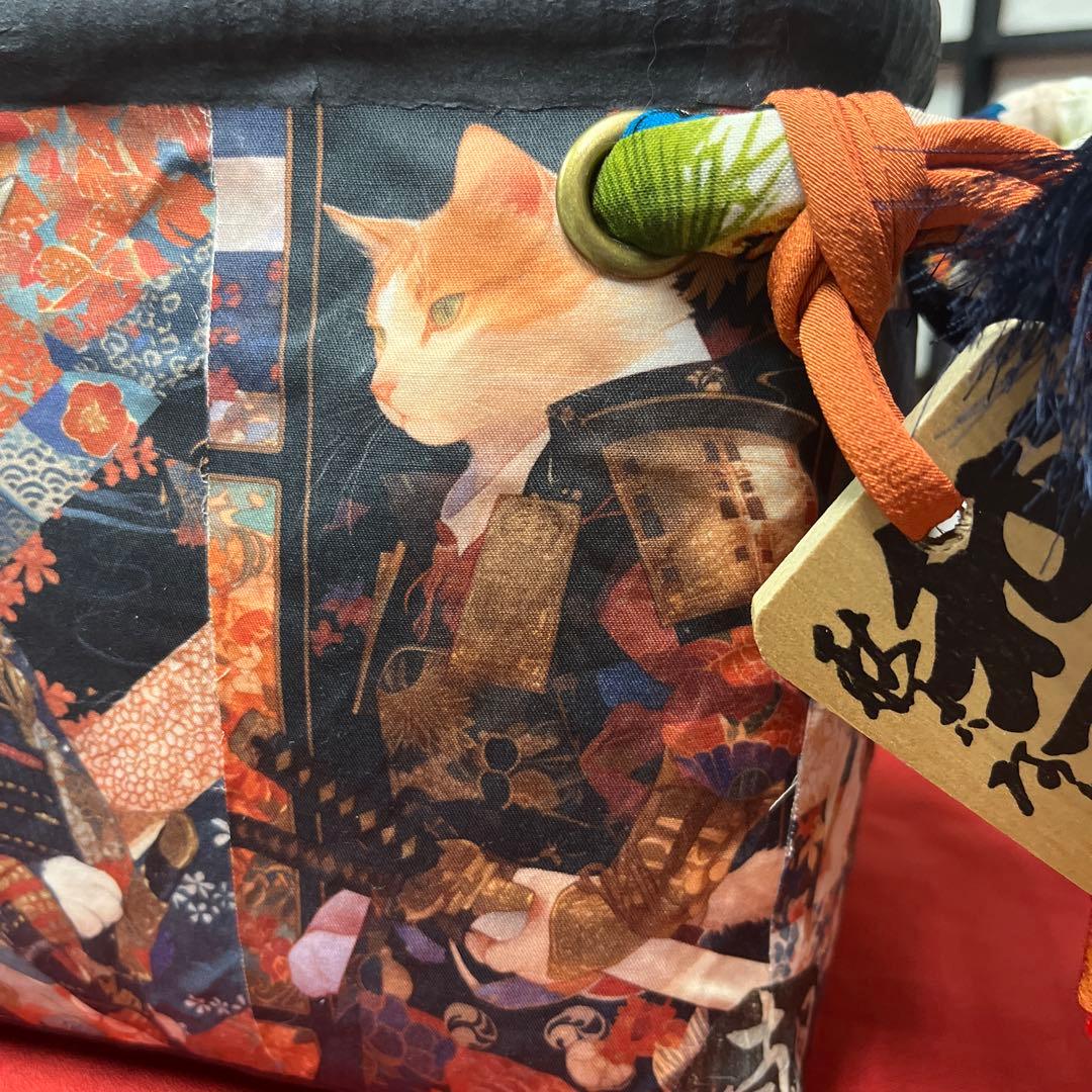 侍猫 一閑張り バッグ かごバッグ ハンドバッグ 和猫 和柄 武士 少し小さめ