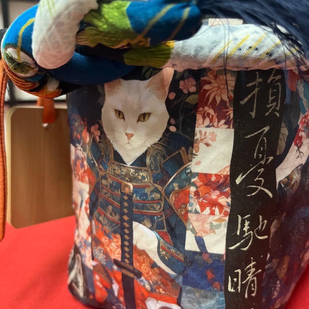 侍猫 一閑張り バッグ かごバッグ ハンドバッグ 和猫 和柄 武士 少し小さめ