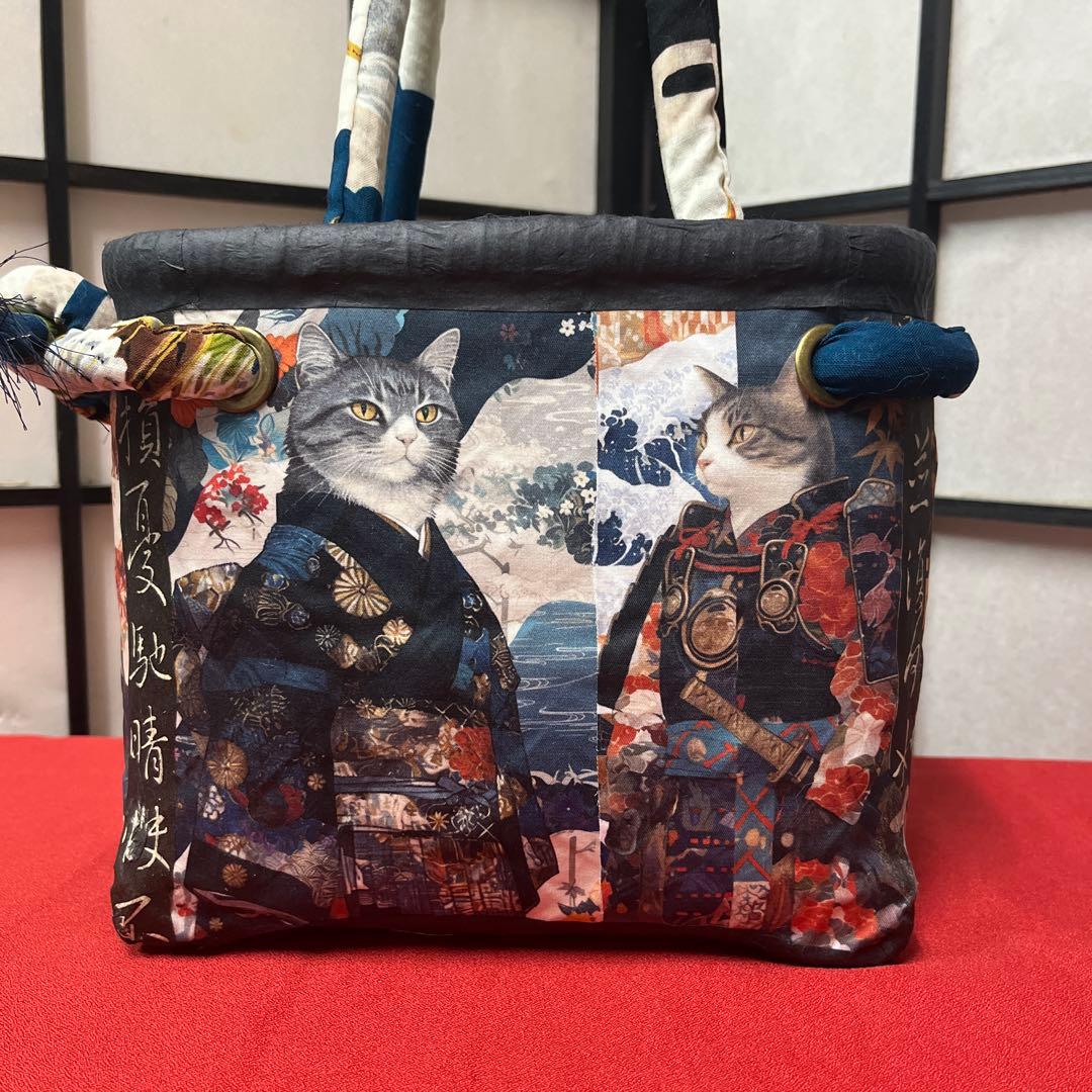 侍猫 一閑張り バッグ かごバッグ ハンドバッグ 和猫 和柄 武士 少し小さめ
