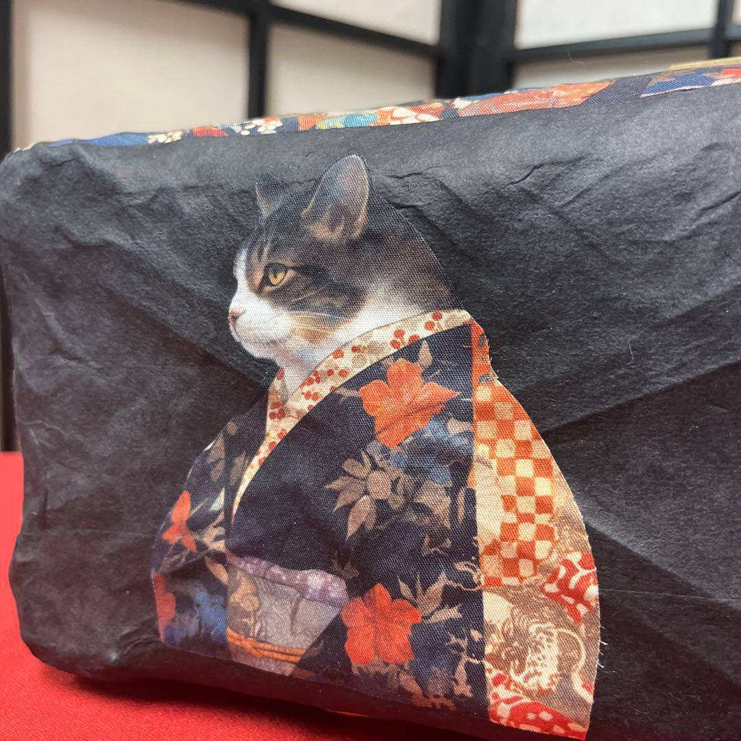 侍猫 一閑張り バッグ かごバッグ ハンドバッグ 和猫 和柄 武士 少し小さめ