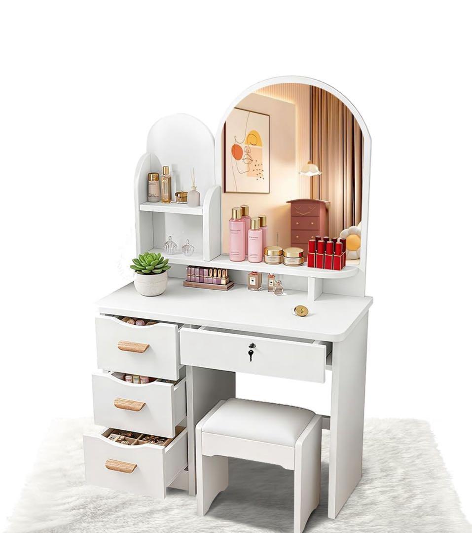 本日限定セール　ドレッサー 女優ミラー 鍵付き 幅80cm 鏡台 スツール付き