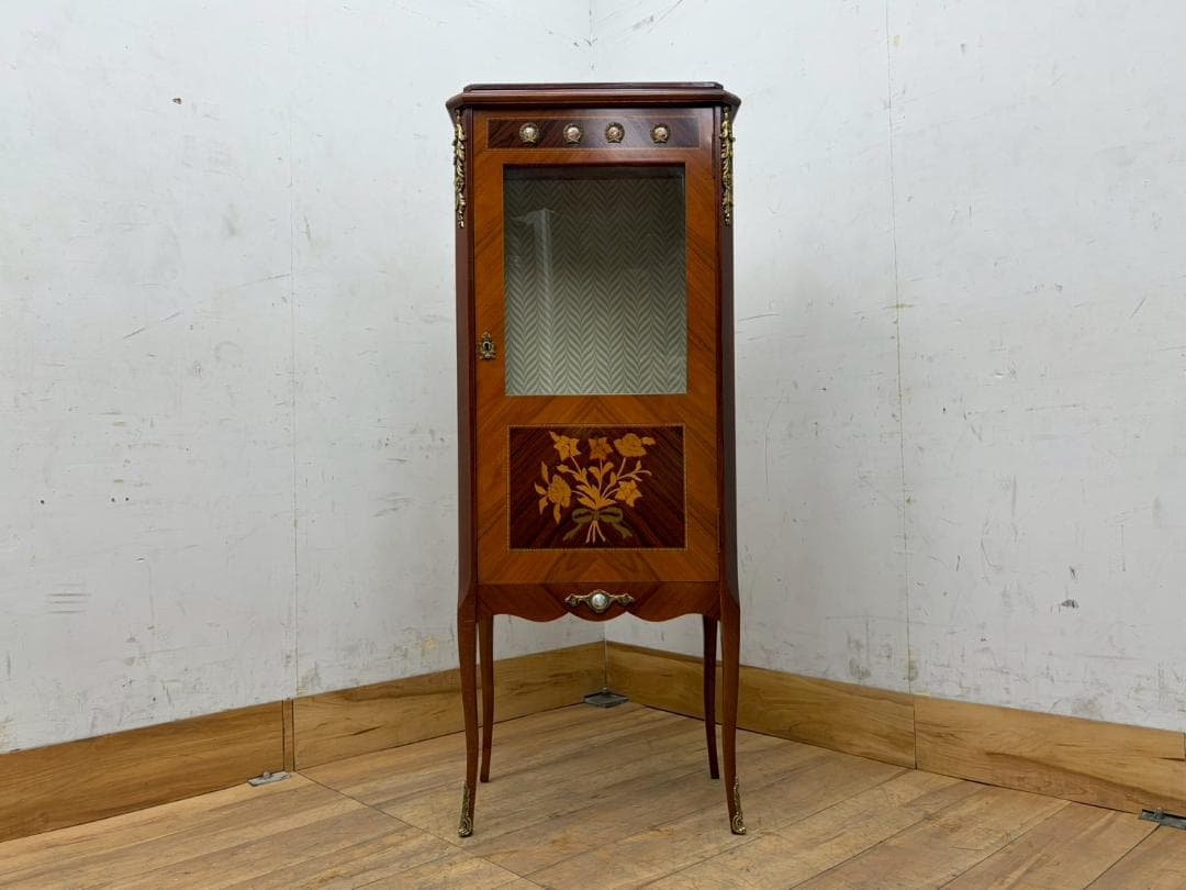 T7991☆展示品イタリアネオクラシックルイ16世様式象嵌細工真鍮金具飾り棚