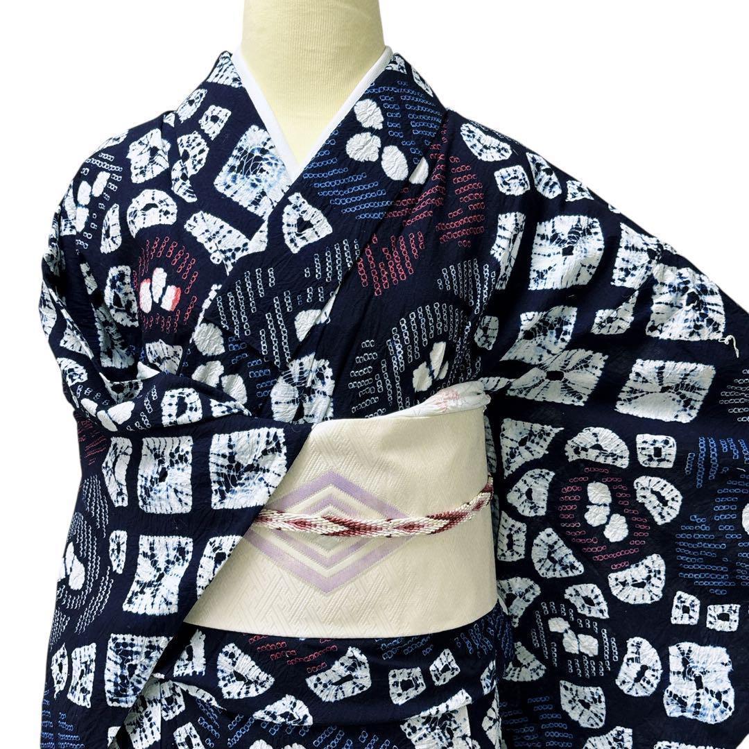 A61 有松鳴海絞り 高級浴衣 花　綿　美品