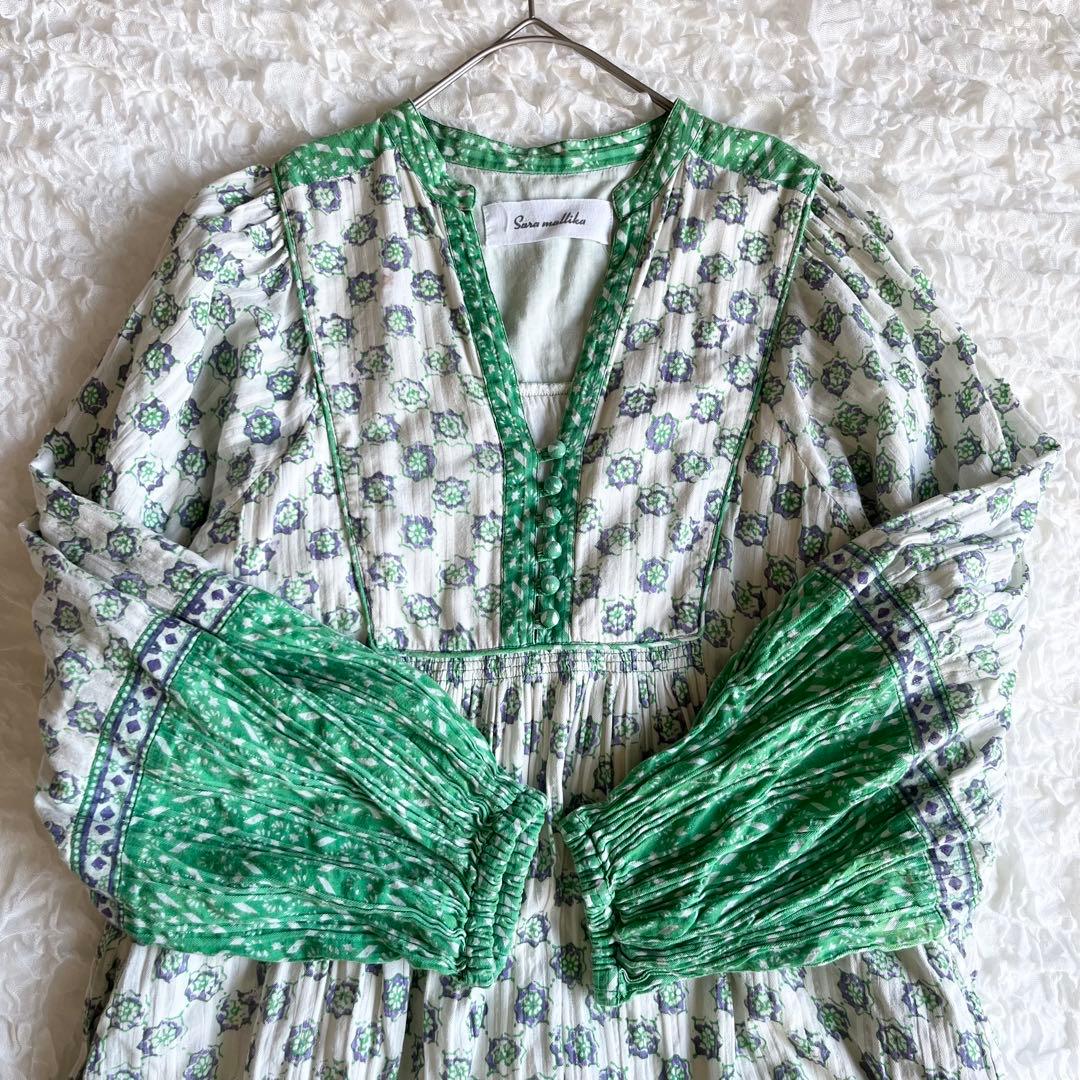 サラマリカ マキシ丈ワンピース グリーン 総柄 キカ エスニック ゆったり