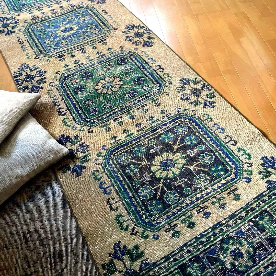 83×342 超ロング大判　ボタニカル　くすみイエロー　トルコヴィンテージラグ