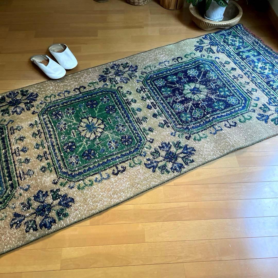 83×342 超ロング大判　ボタニカル　くすみイエロー　トルコヴィンテージラグ