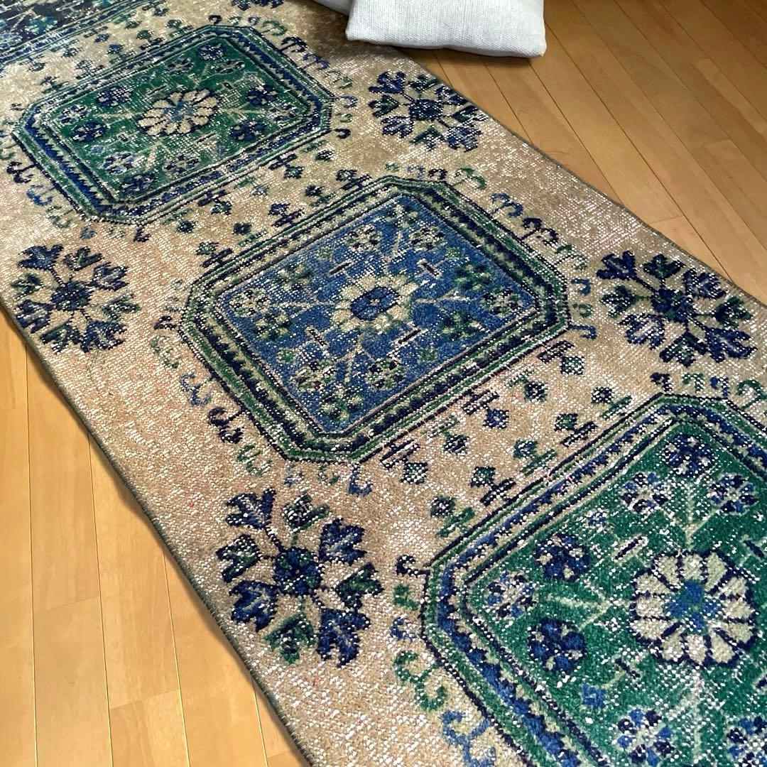 83×342 超ロング大判　ボタニカル　くすみイエロー　トルコヴィンテージラグ