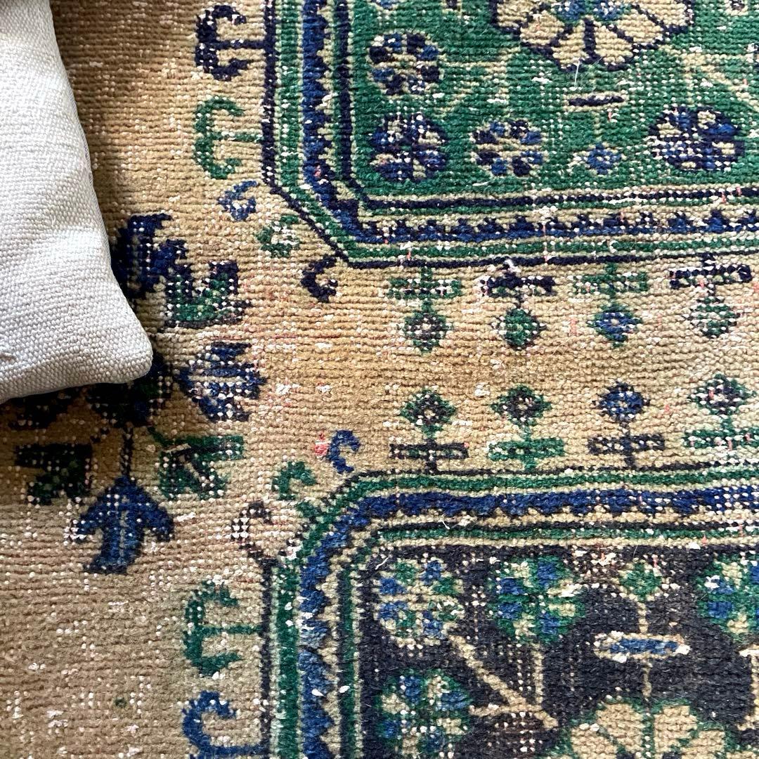 83×342 超ロング大判　ボタニカル　くすみイエロー　トルコヴィンテージラグ