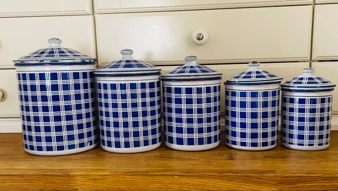 【青ぶー】フランス アンティーク BB社 ホーローキャニスター 5個セット