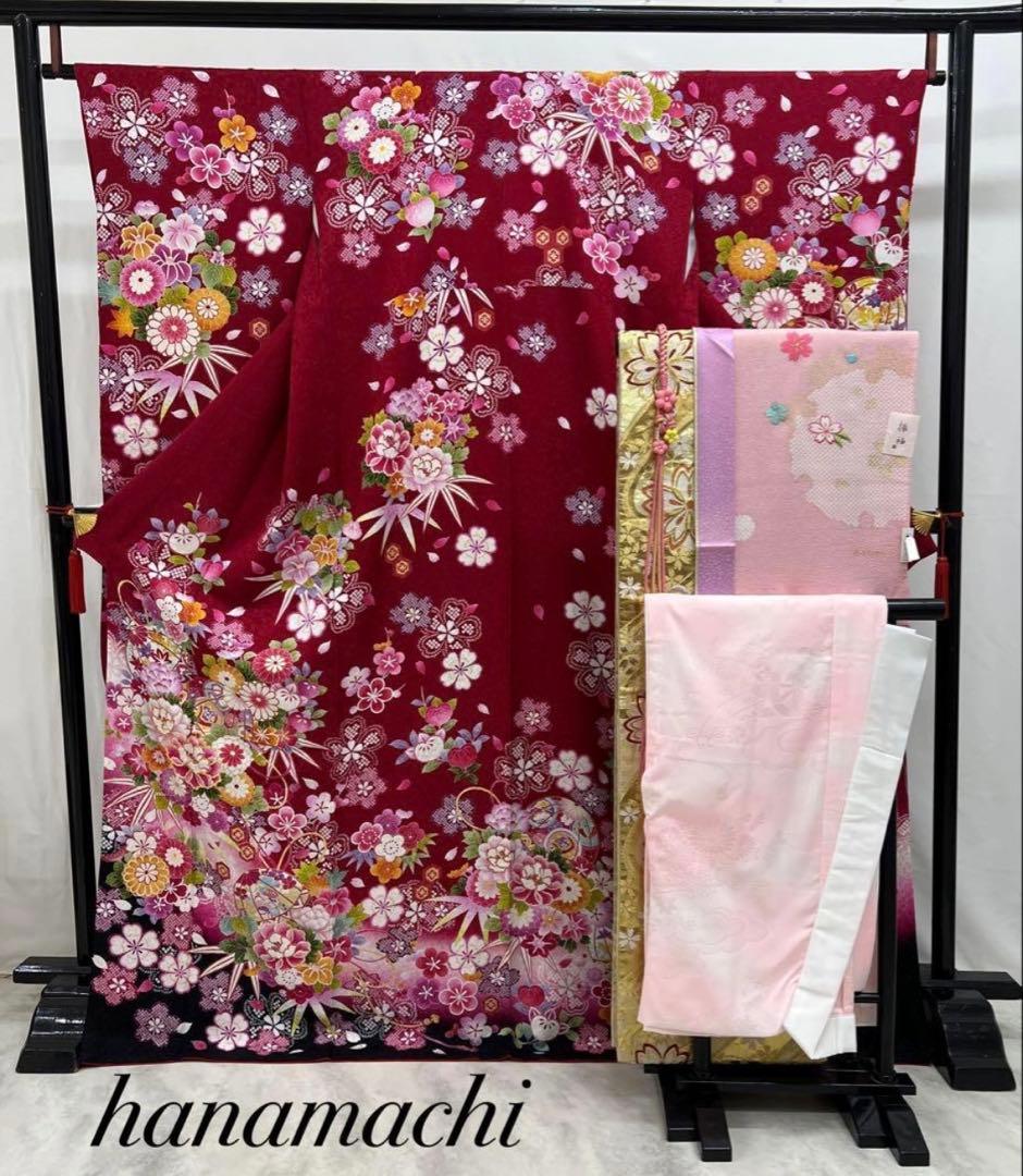 振り袖　フルセット　長襦袢付　ブランド　金彩加工　刺繍入り　銀通　成人式　735