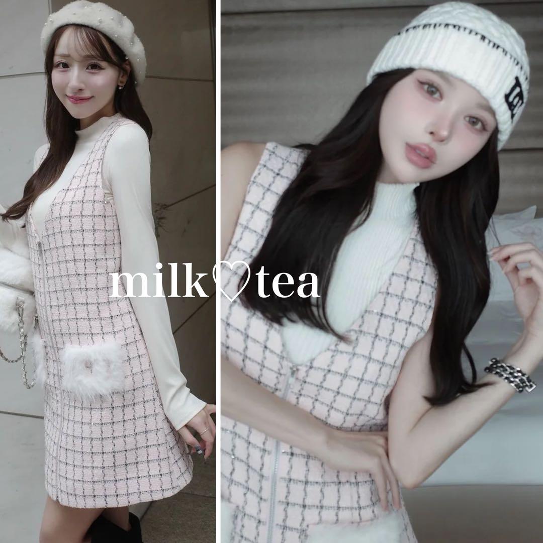 新品タグ付き ダーリッチ フロントファスナーツイードミニワンピース ピンク