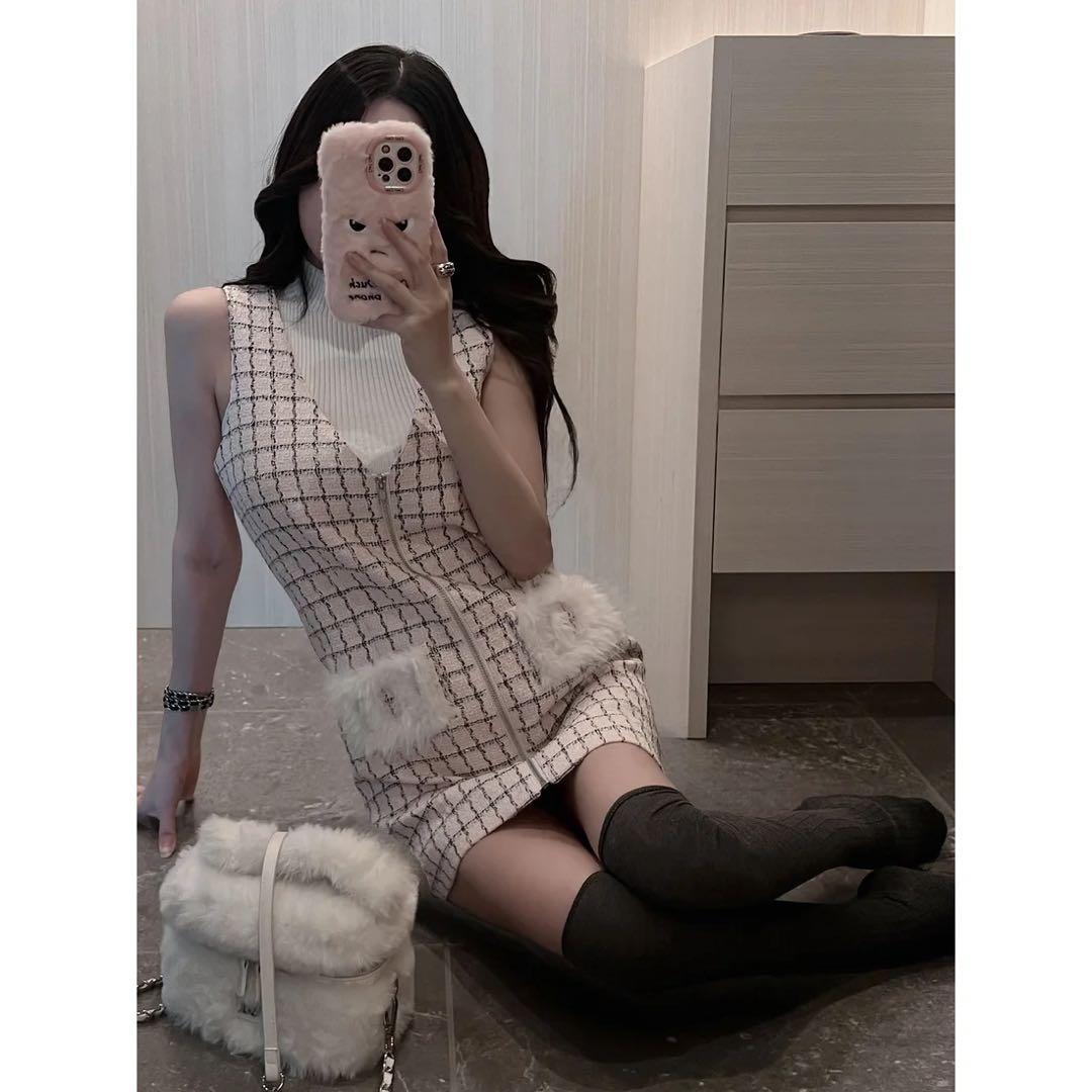 新品タグ付き ダーリッチ フロントファスナーツイードミニワンピース ピンク