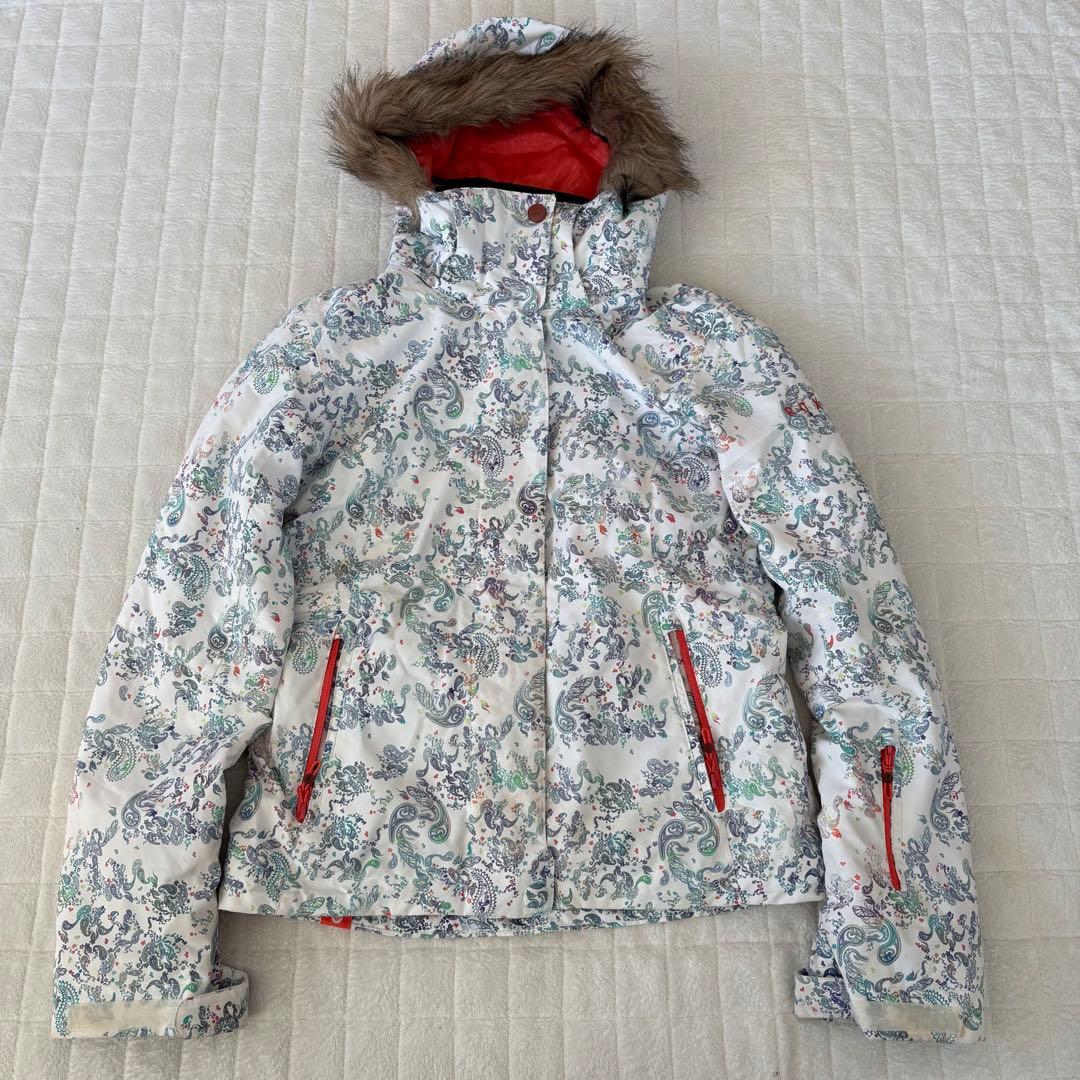ROXY スノーボードウェア 上S 下9白系ペイズリー柄ジャケット×ピンクパンツ
