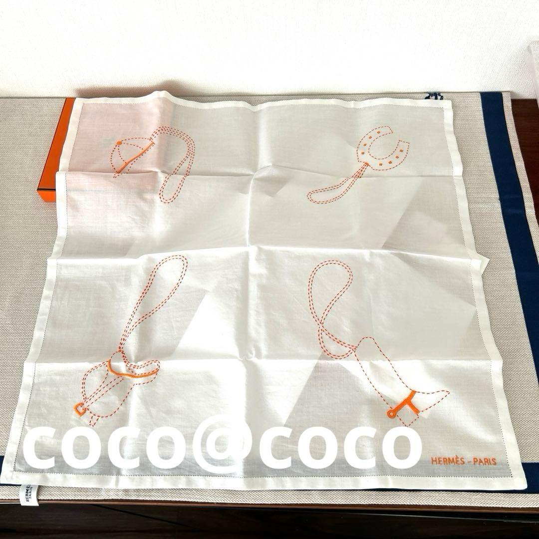 エルメス　刺繍ハンカチ　オレンジステッチ