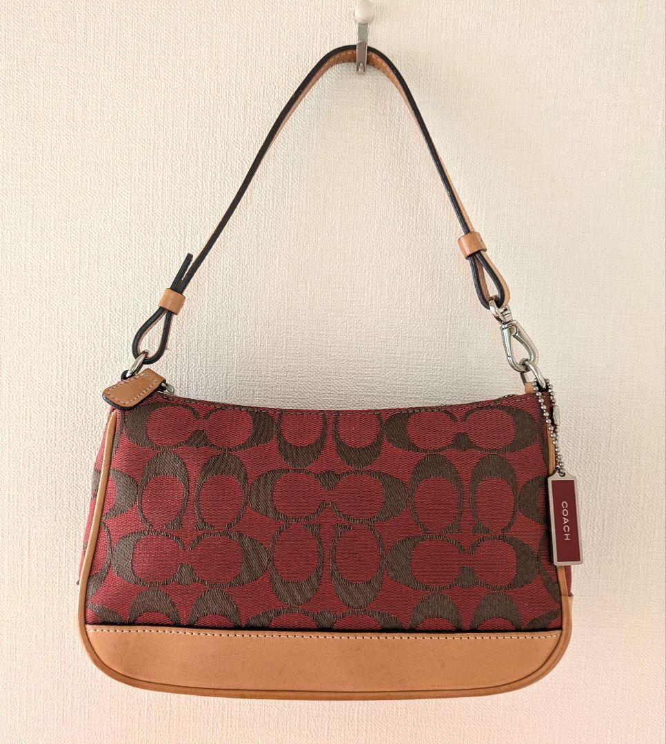 【美品】COACH アクセサリーポーチ ミニバッグ キャンバス レザー レッド