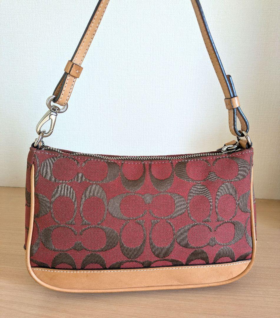 【美品】COACH アクセサリーポーチ ミニバッグ キャンバス レザー レッド