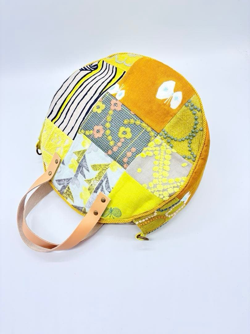 ミナペルホネン、ハンドメイド、 イエローパッチワーク、サークル トートバッグ