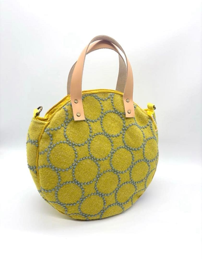 ミナペルホネン、ハンドメイド、 イエローパッチワーク、サークル トートバッグ