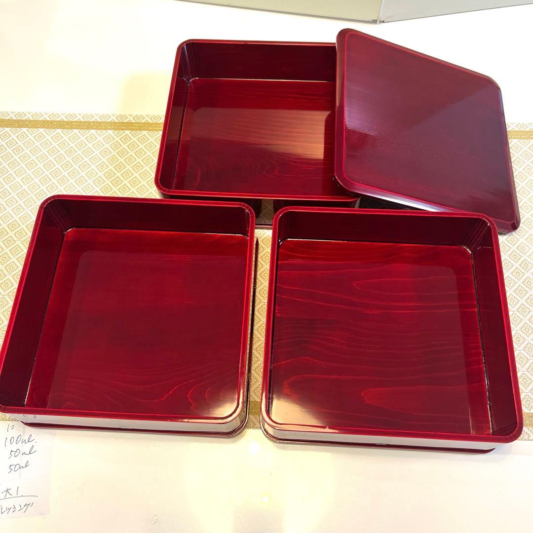 【未使用品】飛騨春慶塗紅　三段重箱　6寸　曲木三段重箱　天然木