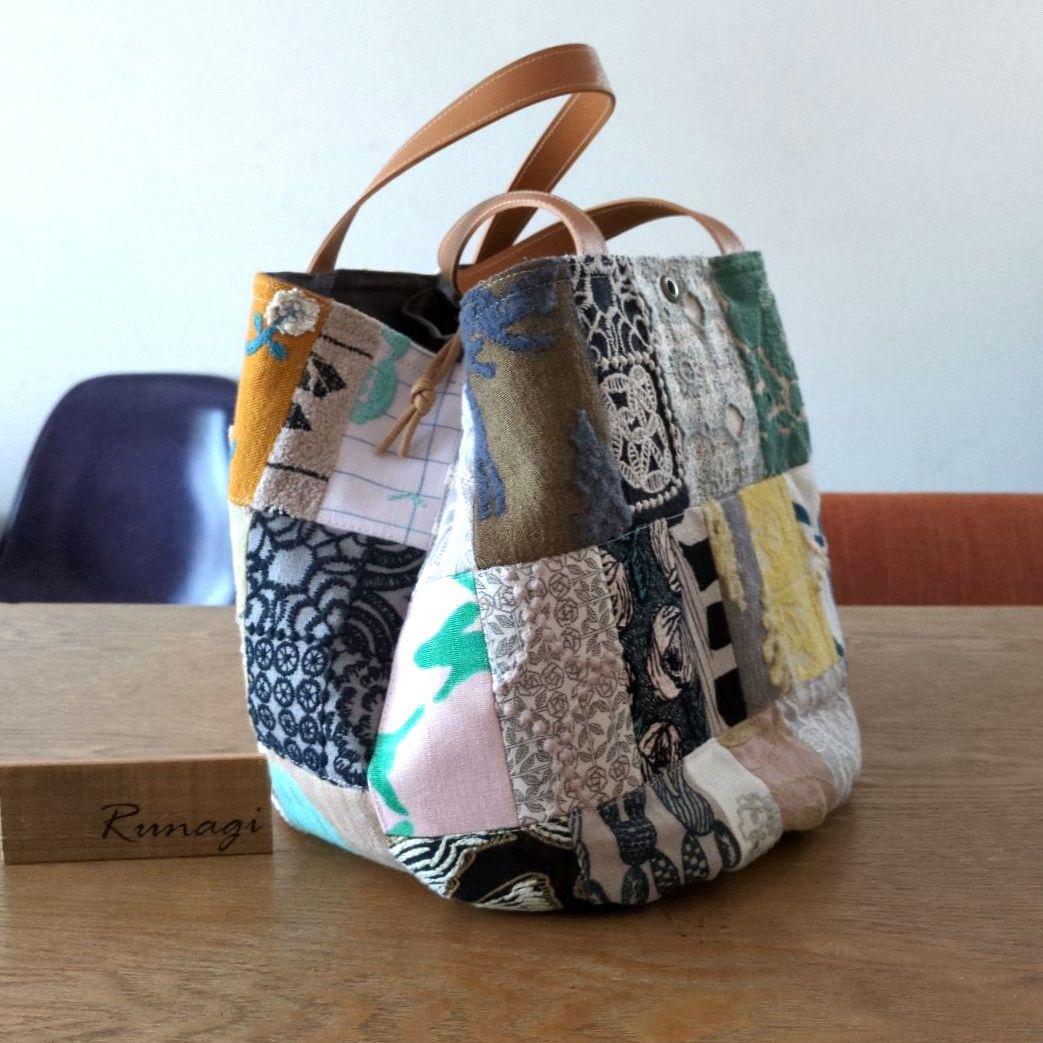 モザイクパッチの巾着付きバケツバッグ＊ミナペルホネン