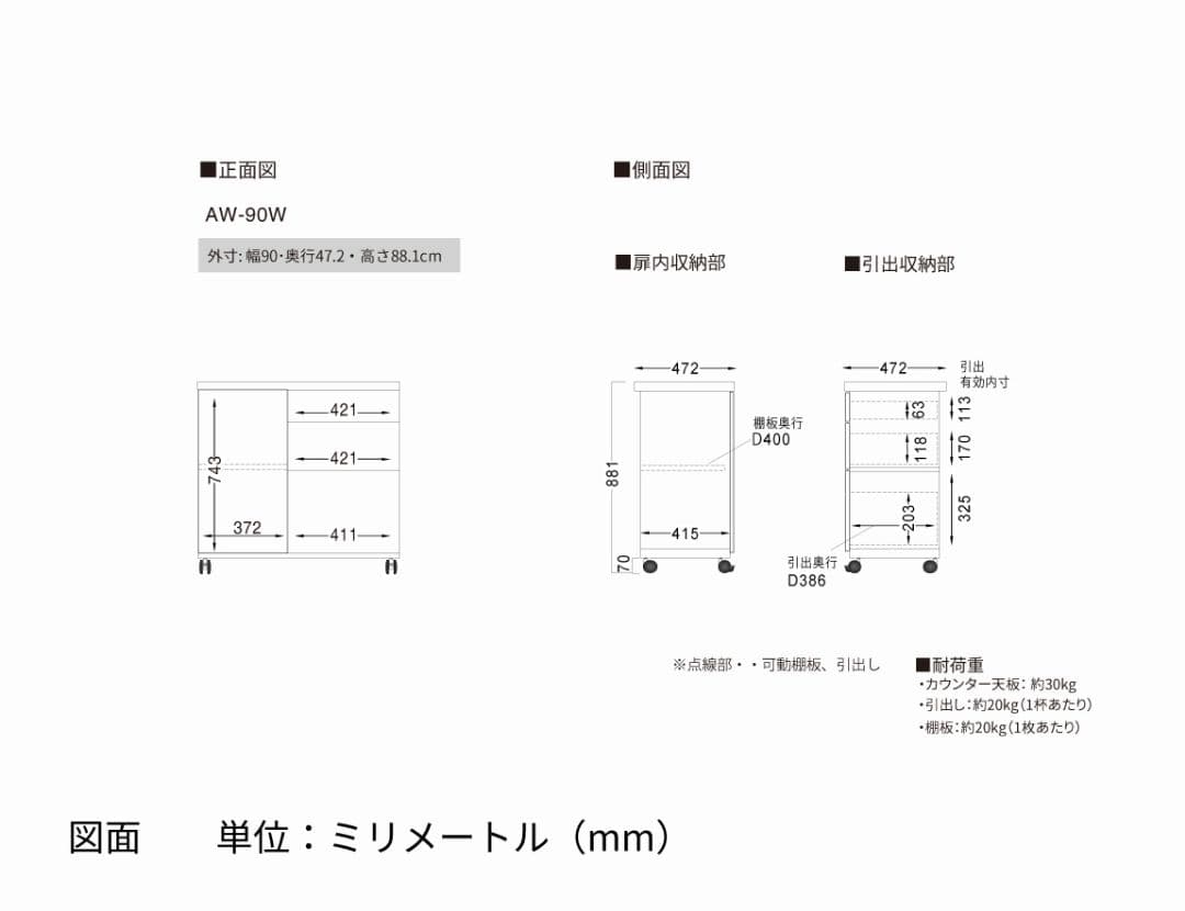 Pamouna AW キャスター付きキッチンカウンター 90cm