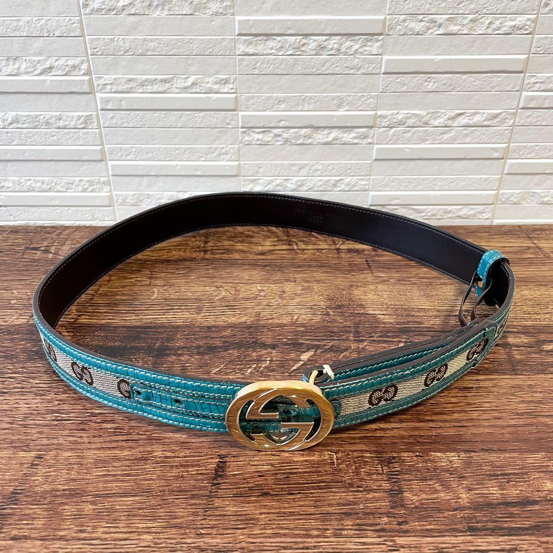 グッチ GG インターロッキング バックル キャンバス×レザー ベルト.