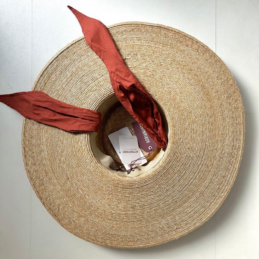 未使用　イタリア製　ストローハット　紫外線対策 スカーフリボン付　　麦わら帽子