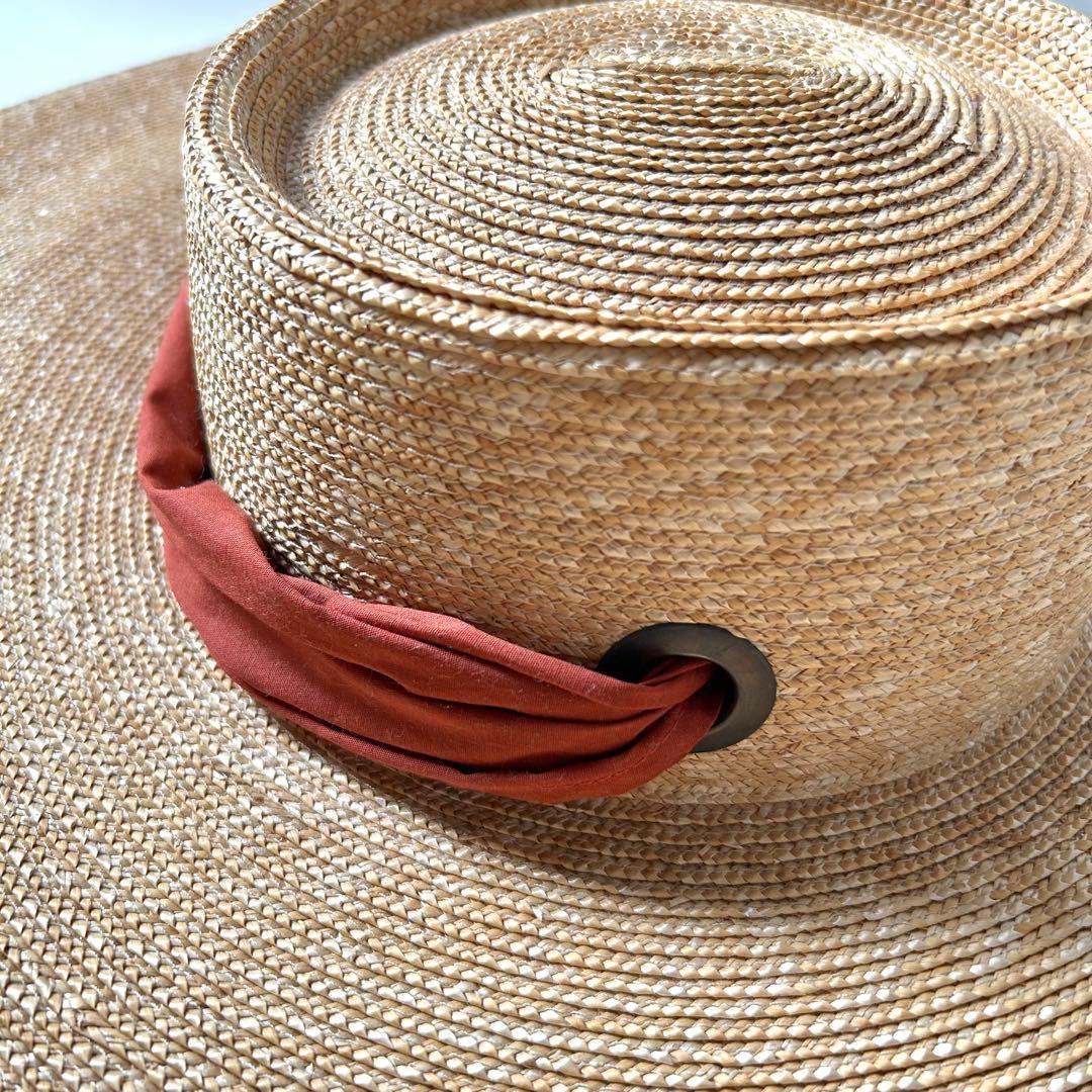 未使用　イタリア製　ストローハット　紫外線対策 スカーフリボン付　　麦わら帽子