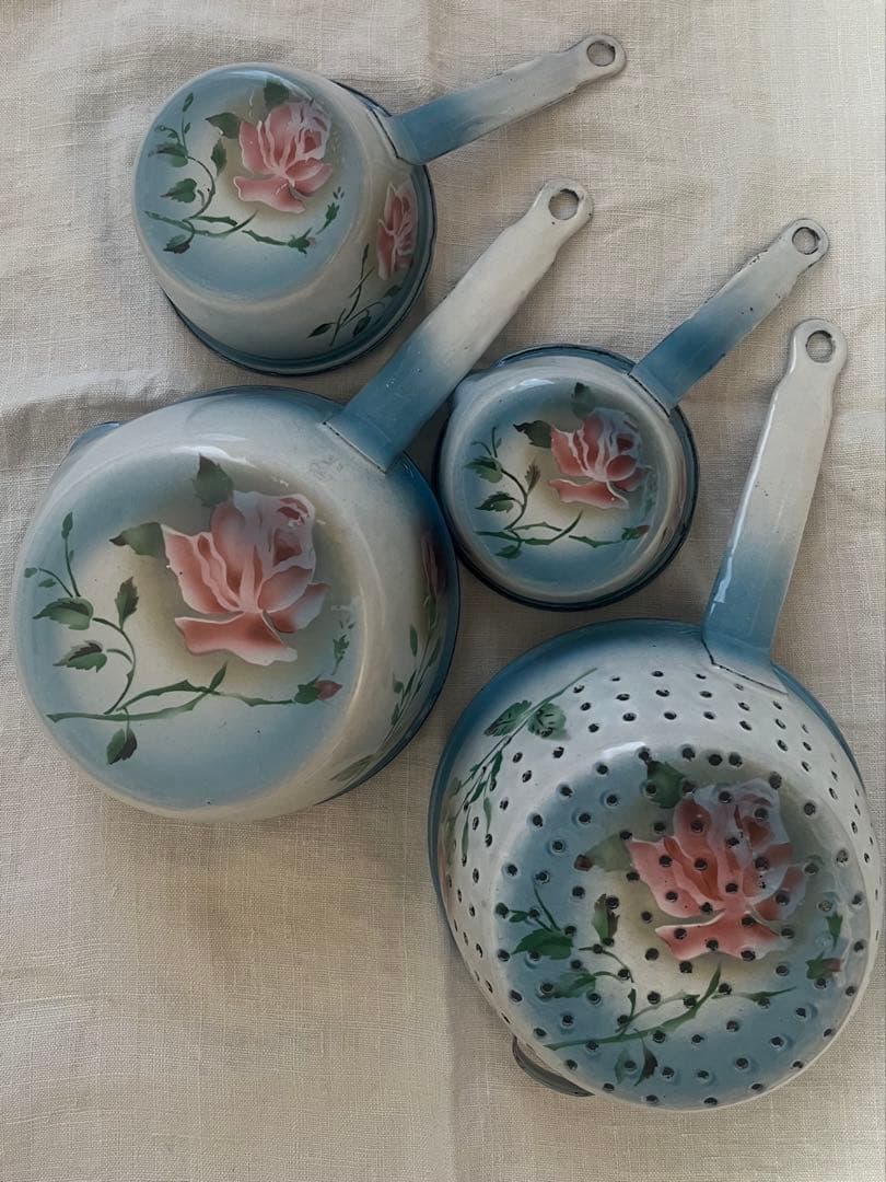美品♡フランスアンティーク　ホーロー　薔薇　ウェディングセット　コランダー　鍋
