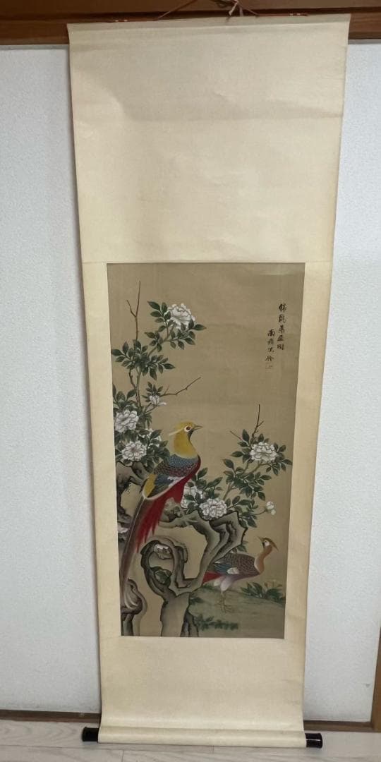 田中 野夫専用 水墨肉筆　錦鶏花葉太湖石図　南田沈銓 掛軸 中国美術(Y-12)