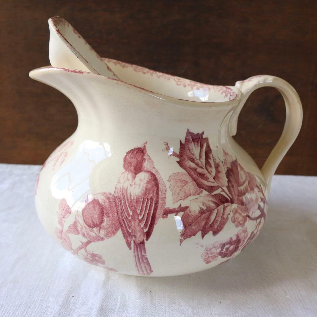水差し　ピッチャー　ソープディッシュ　セット　小鳥　フランス　アンティーク　赤