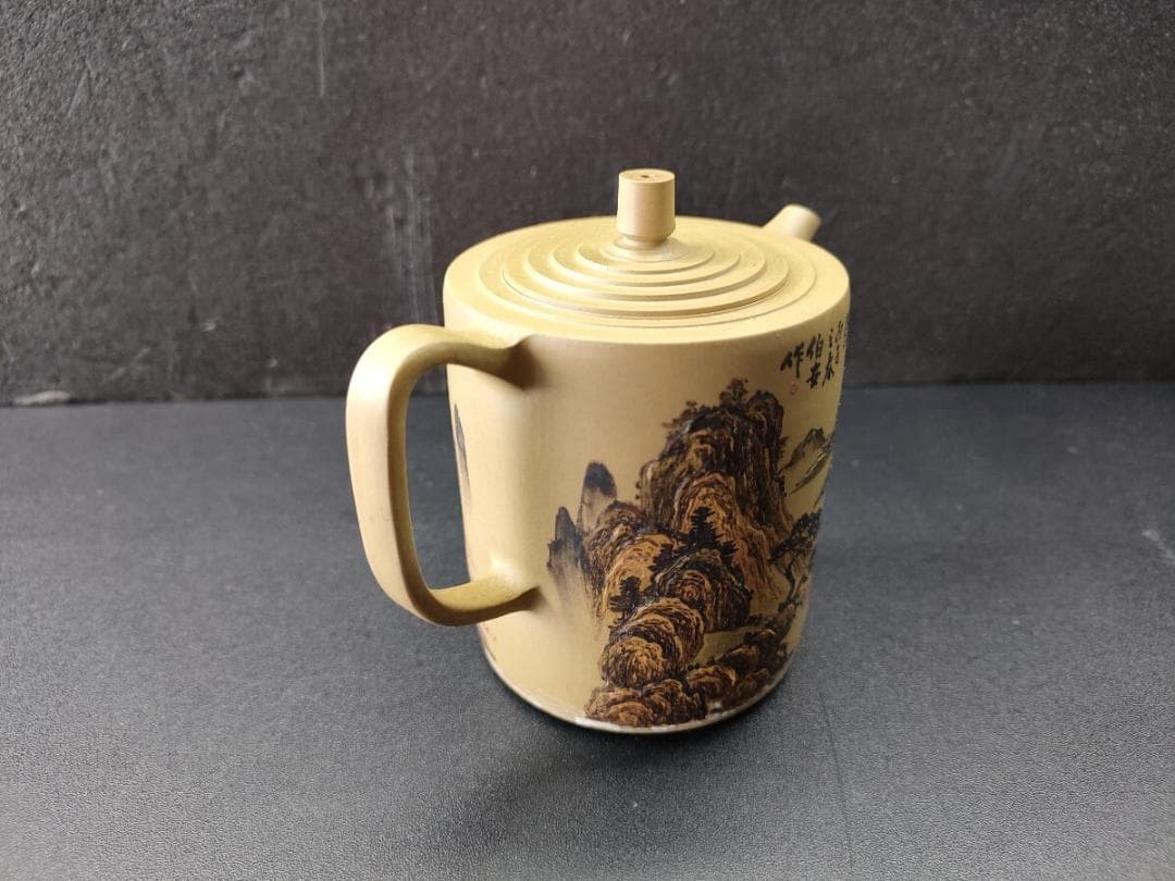 中国宜興 紫砂壺 (急須） 山水画文 古玩中国茶器 急須 志成作 丙子年 水注