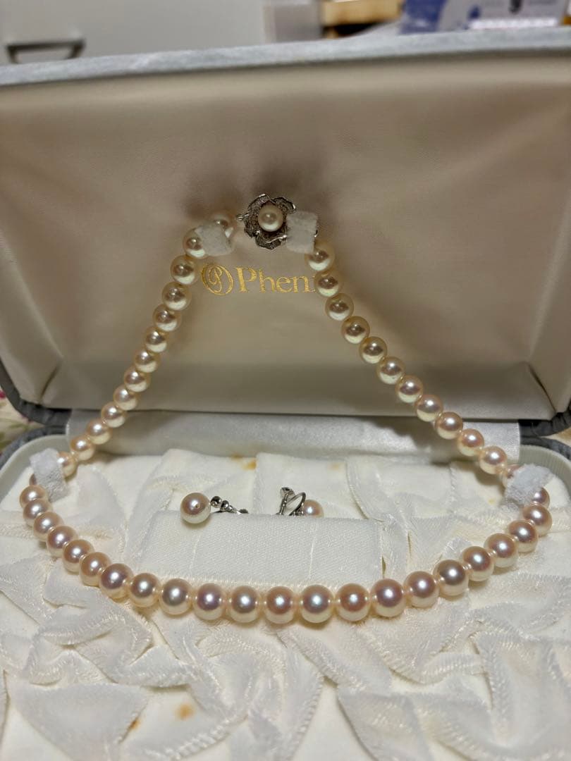 中央宝石研究所、真珠 ネックレス & イヤリング セット 7.0-7.5mm