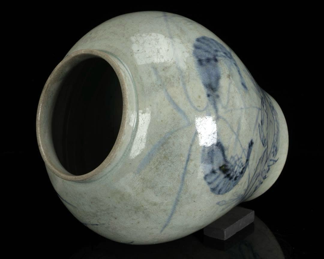 時代物 李朝 染付魚蟹海老文 壺 花瓶 箱付 白磁 青花 朝鮮古陶 唐物 骨董品