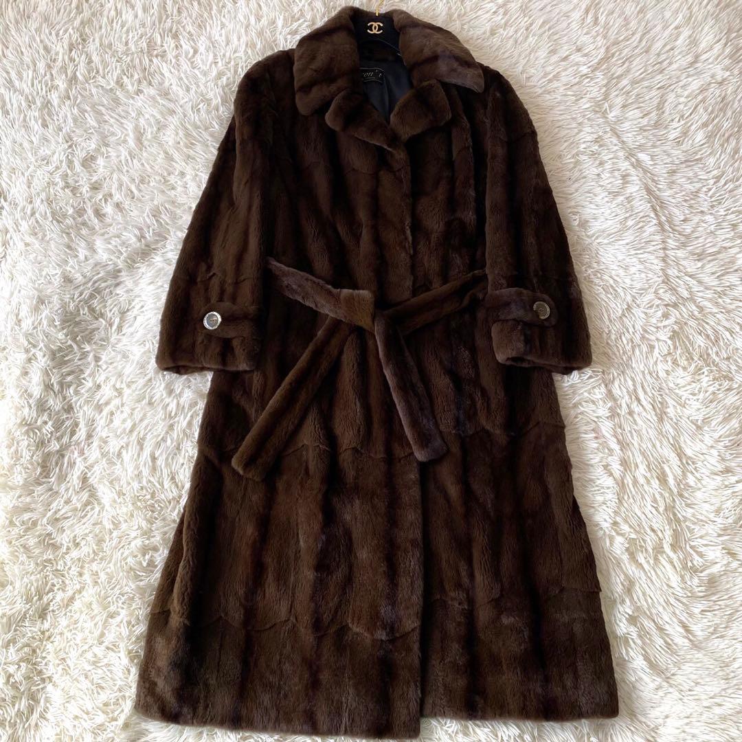 【極美品✨】シェアードミンク 毛皮 ロングコート ベルト 着丈約118cm XL