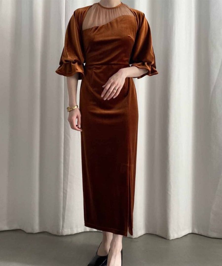 Ameri 2WAY CURVE VELOURS DRESS テラコッタ　S
