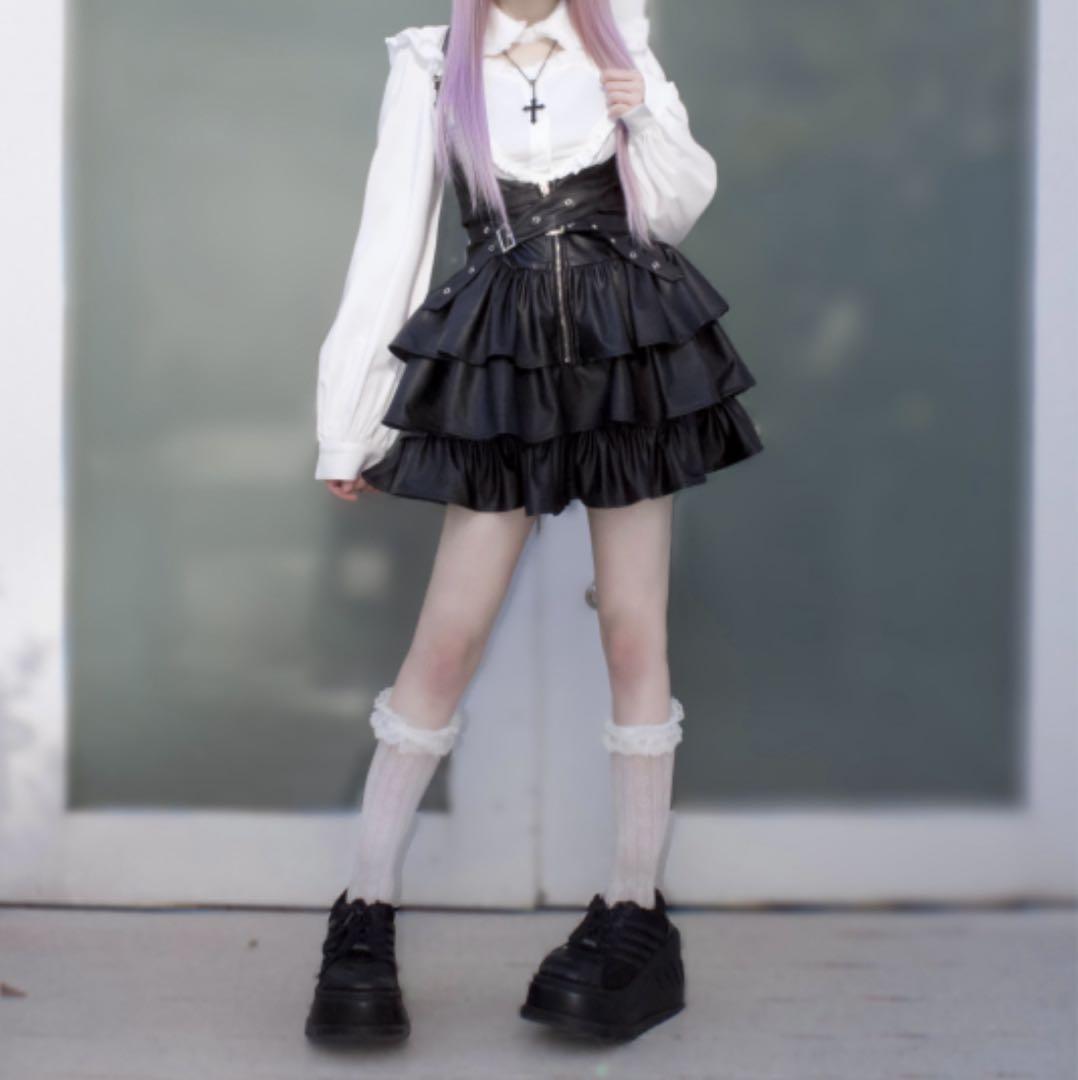 スカート QOOZA IMVAL / Frill Leather Dress [BLK]