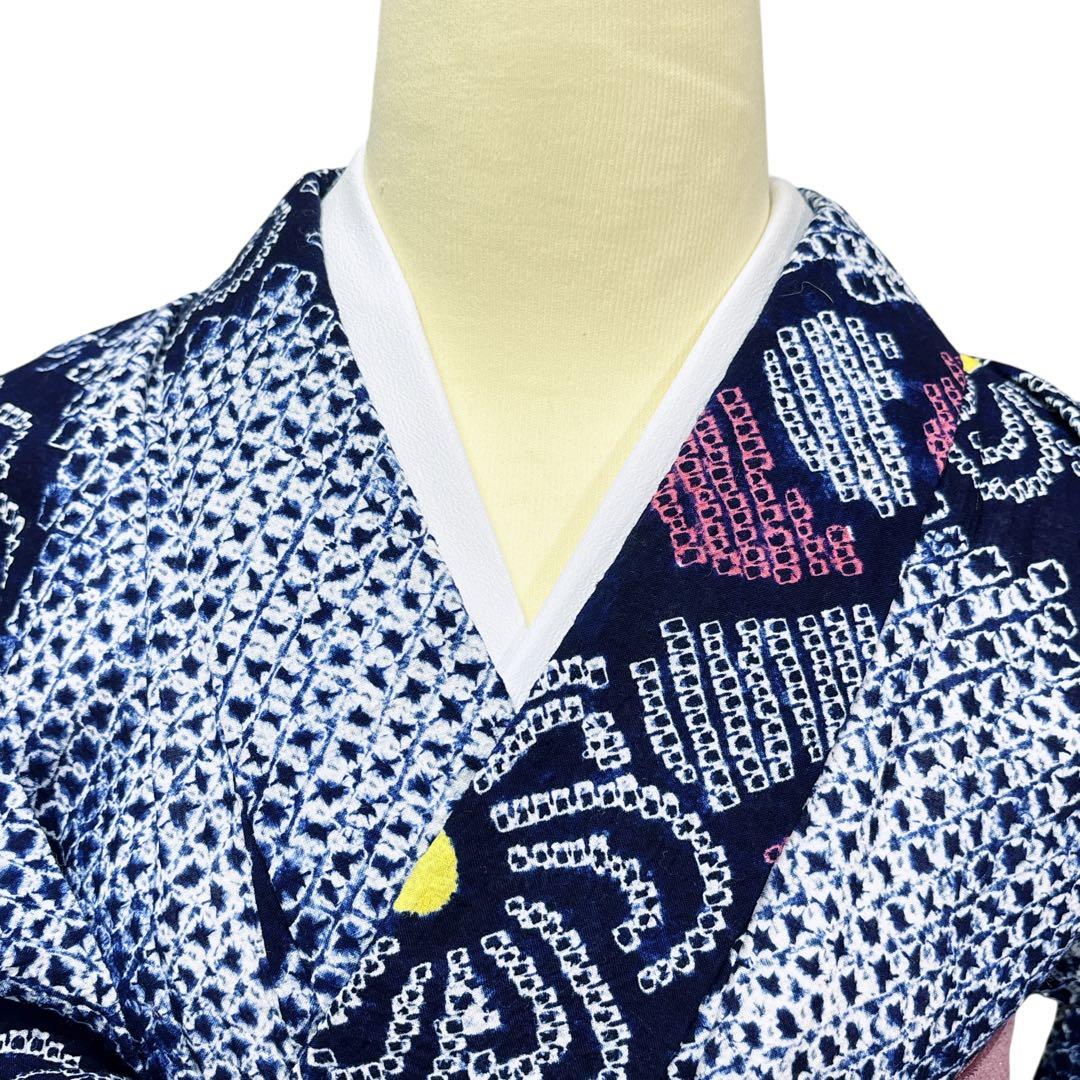 A84有松鳴海絞り 高級浴衣 花 綿　紺　美品　身丈165cm