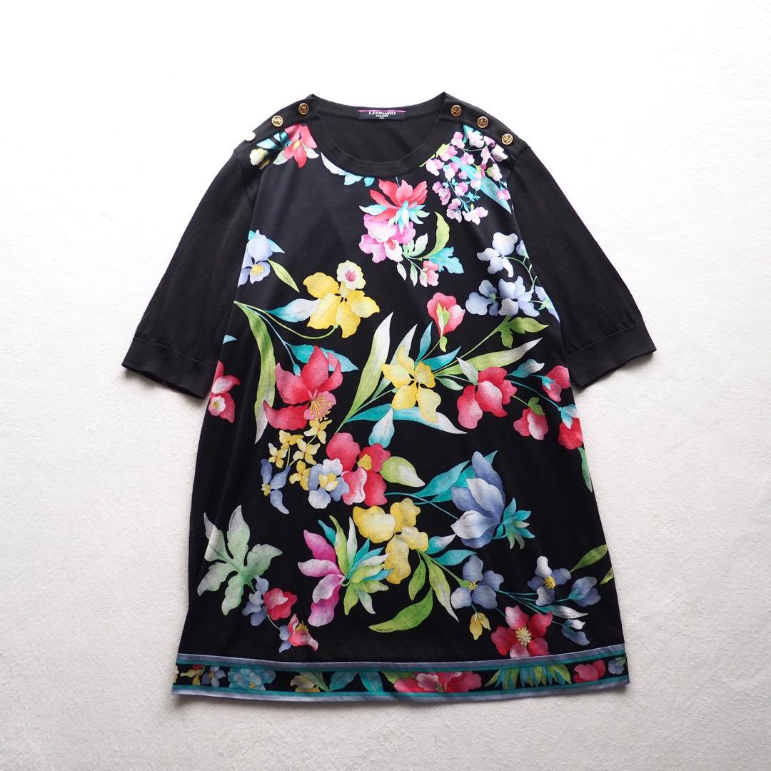 LEONARD 花柄 トリム 金ボタン ロゴボタン チュニック カットソー 半袖