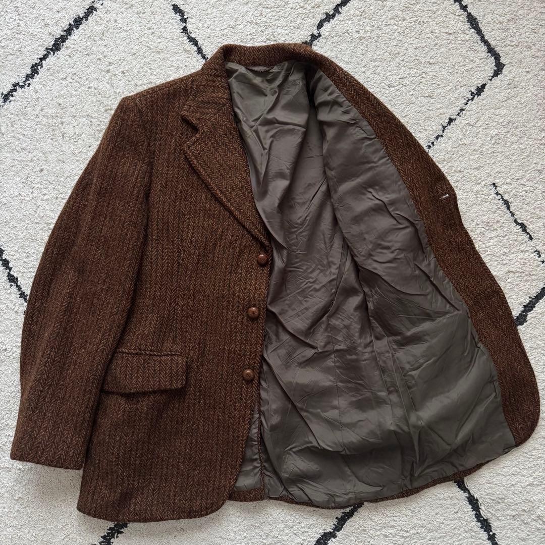 60s ハリスツイード　テーラードジャケット　ヘリンボーン　ブラウン　胡桃ボタン