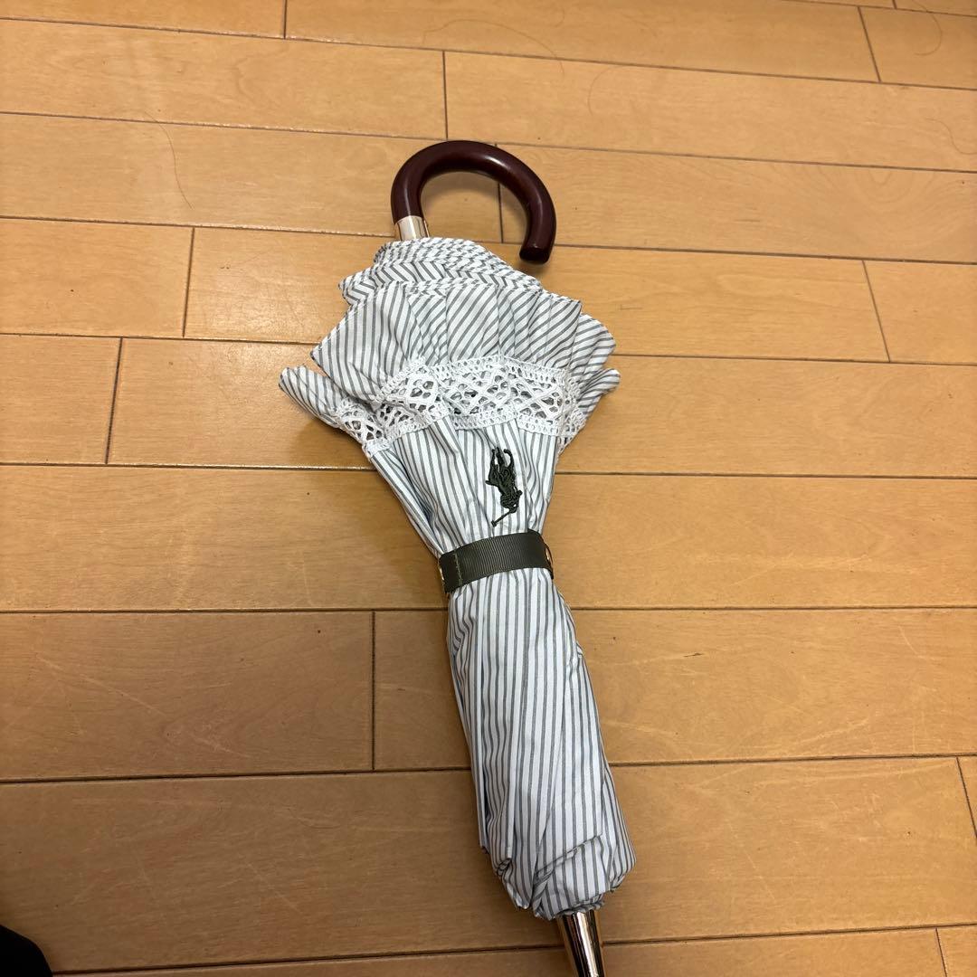 ラルフローレン カーキ ストライプ日傘ハンドル レース付き