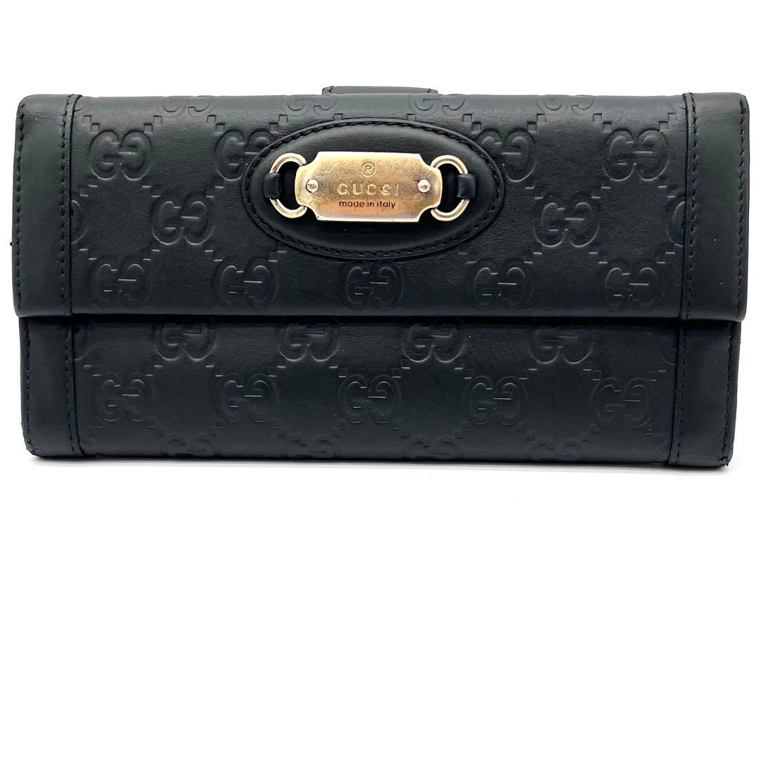 【美品】GUCCI 長財布　二つ折り　グッチシマ　レザー　ブラック　プレート
