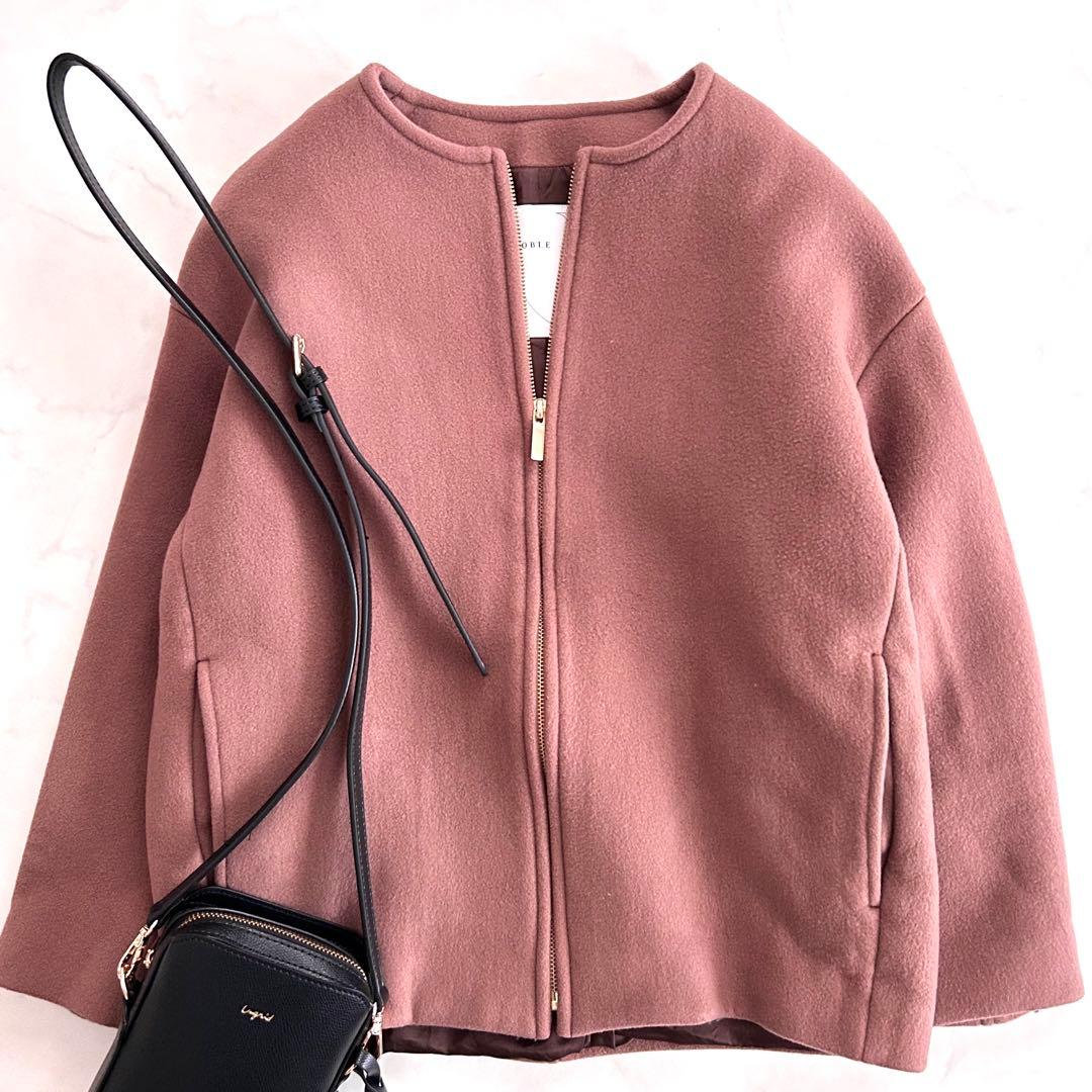 ノーブル Noble カシミヤ混カラーレスジップショートコート ブラウンピンク