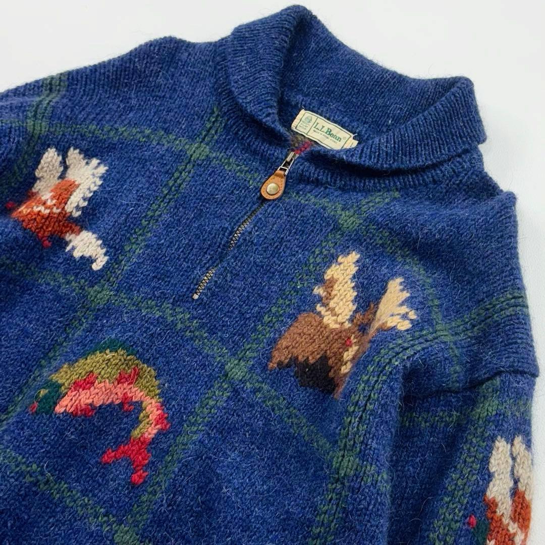 エルエルビーン 鳥柄ハーフジップショールカラーウールニット セーター 90s