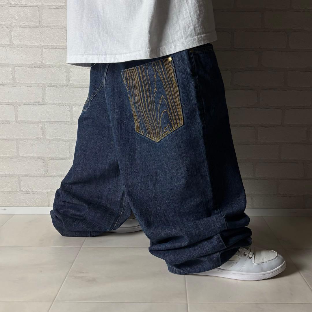 ENYCE 刺繍デザイン 極太 スーパーワイド デニム バギーパンツ 濃紺 B系