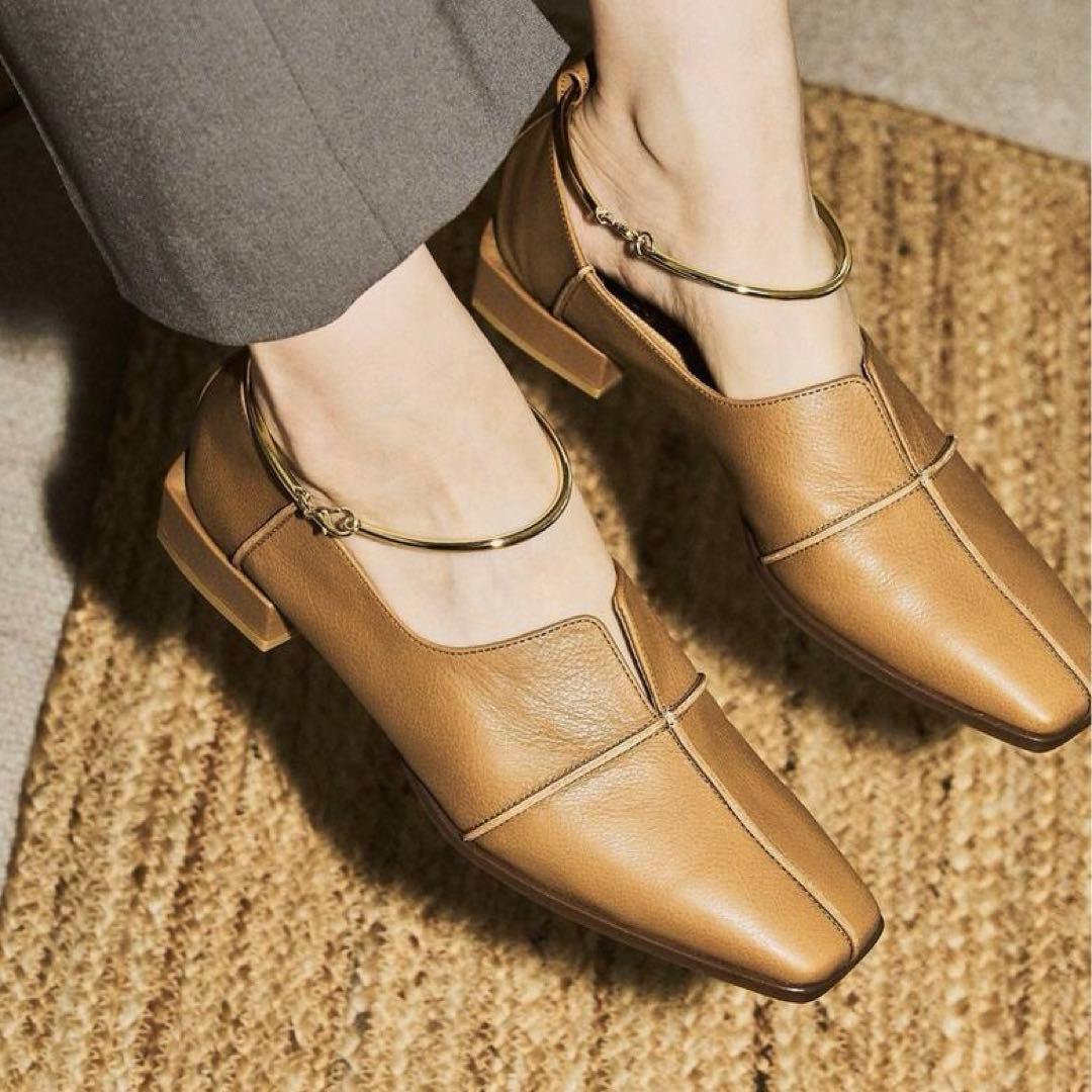 美品☆グリーズ 25cm パンプス レザースクエアクロスシームアンクルフラット