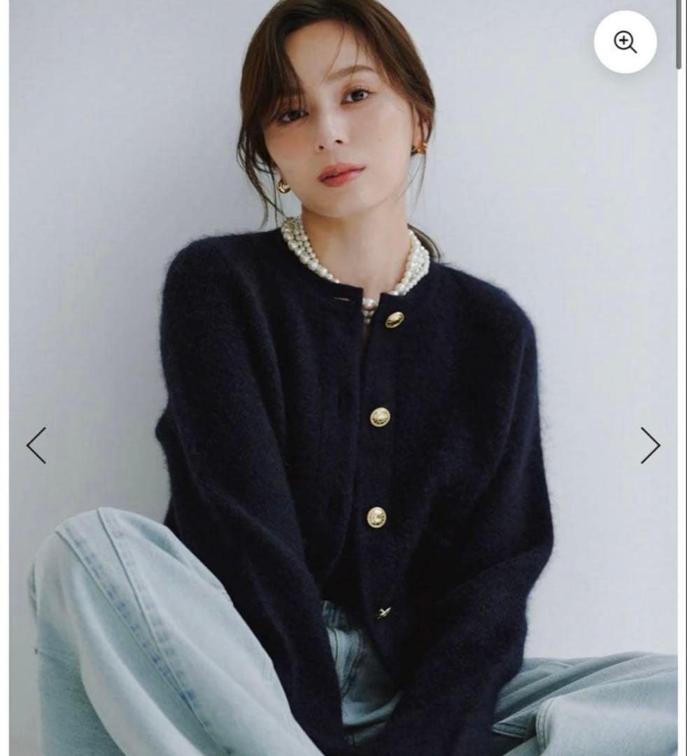 anuans 2025カシミヤブレンドノーカラーニットジャケット ネイビー